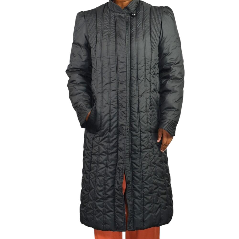 Vintage Quilted Puffer Coat Black Long Midi 80s Winter Insulated Longline Small